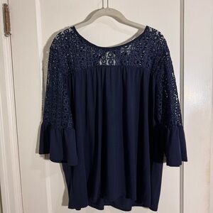 Shannon Ford New York Navy Crochet Yoke Bell Sleeve Tunic
